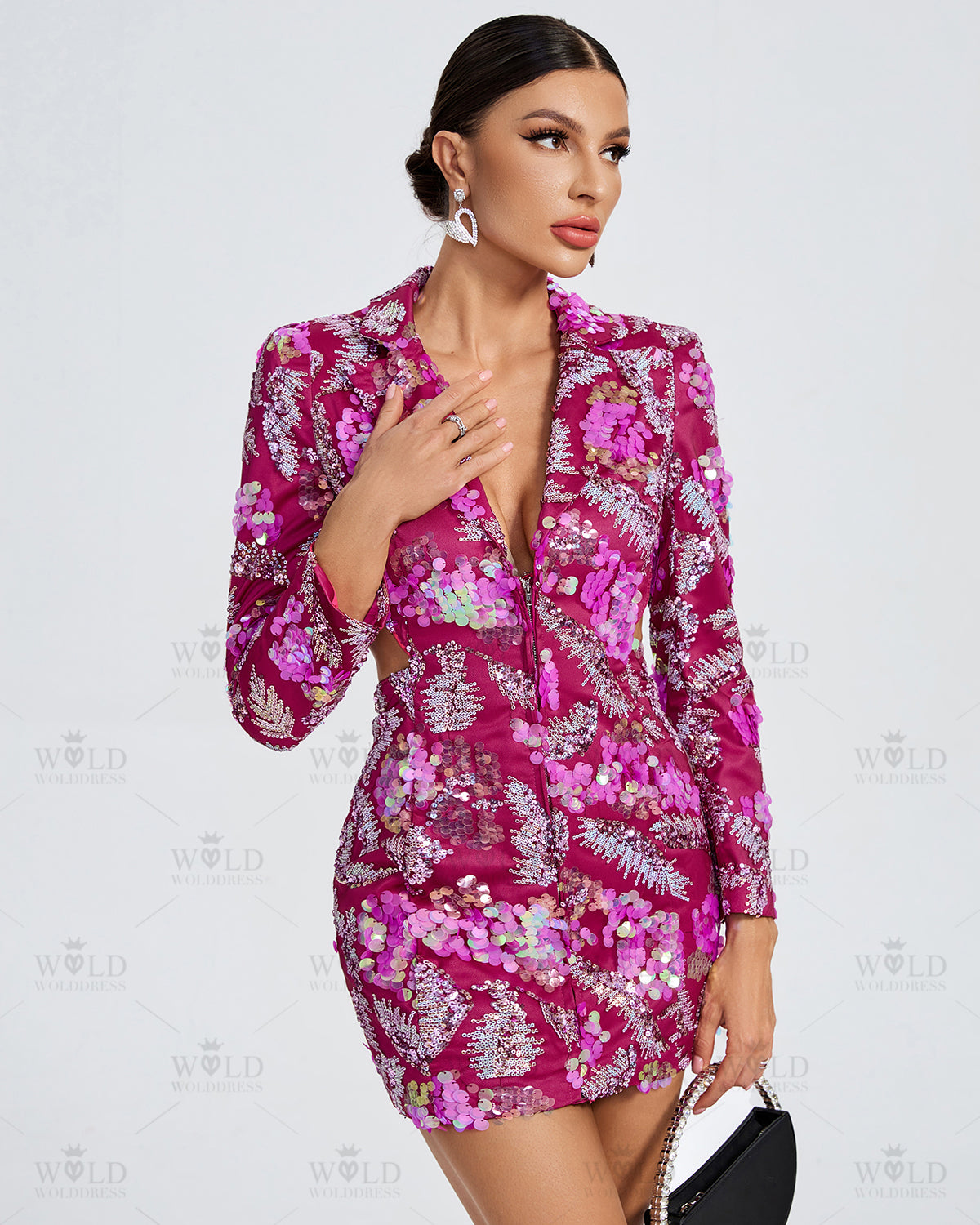 Deep V Empire Waist Sequin Blazer Dress