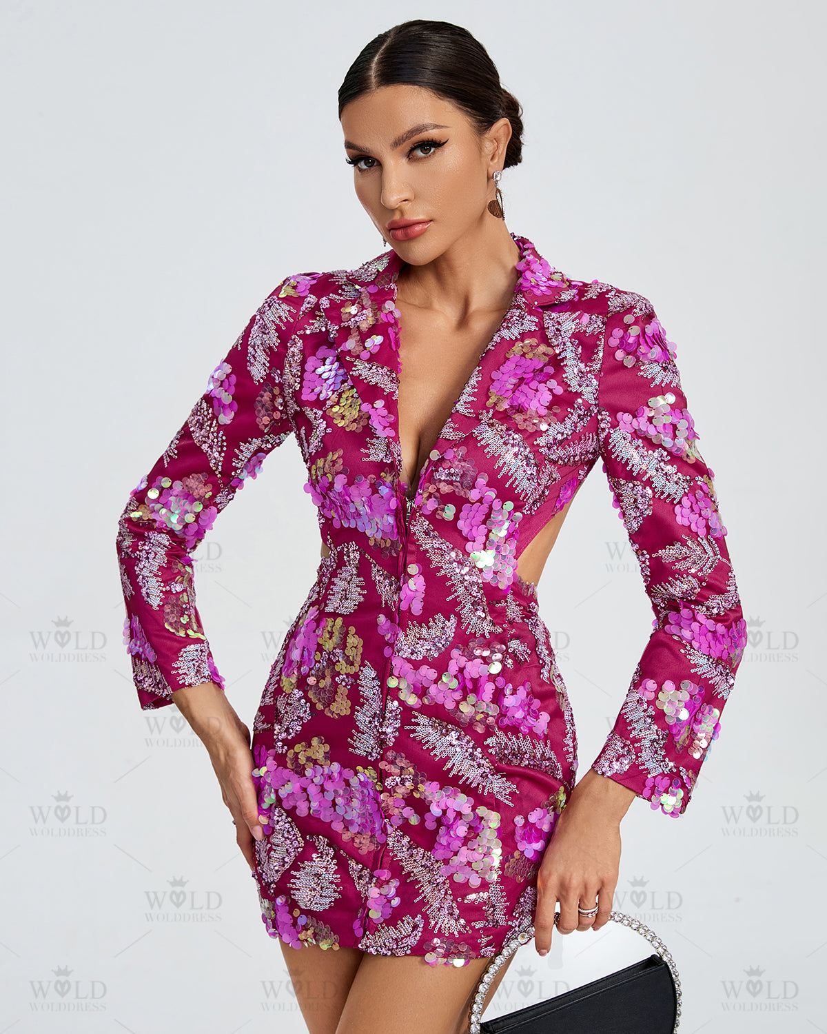 Deep V Empire Waist Sequin Blazer Dress