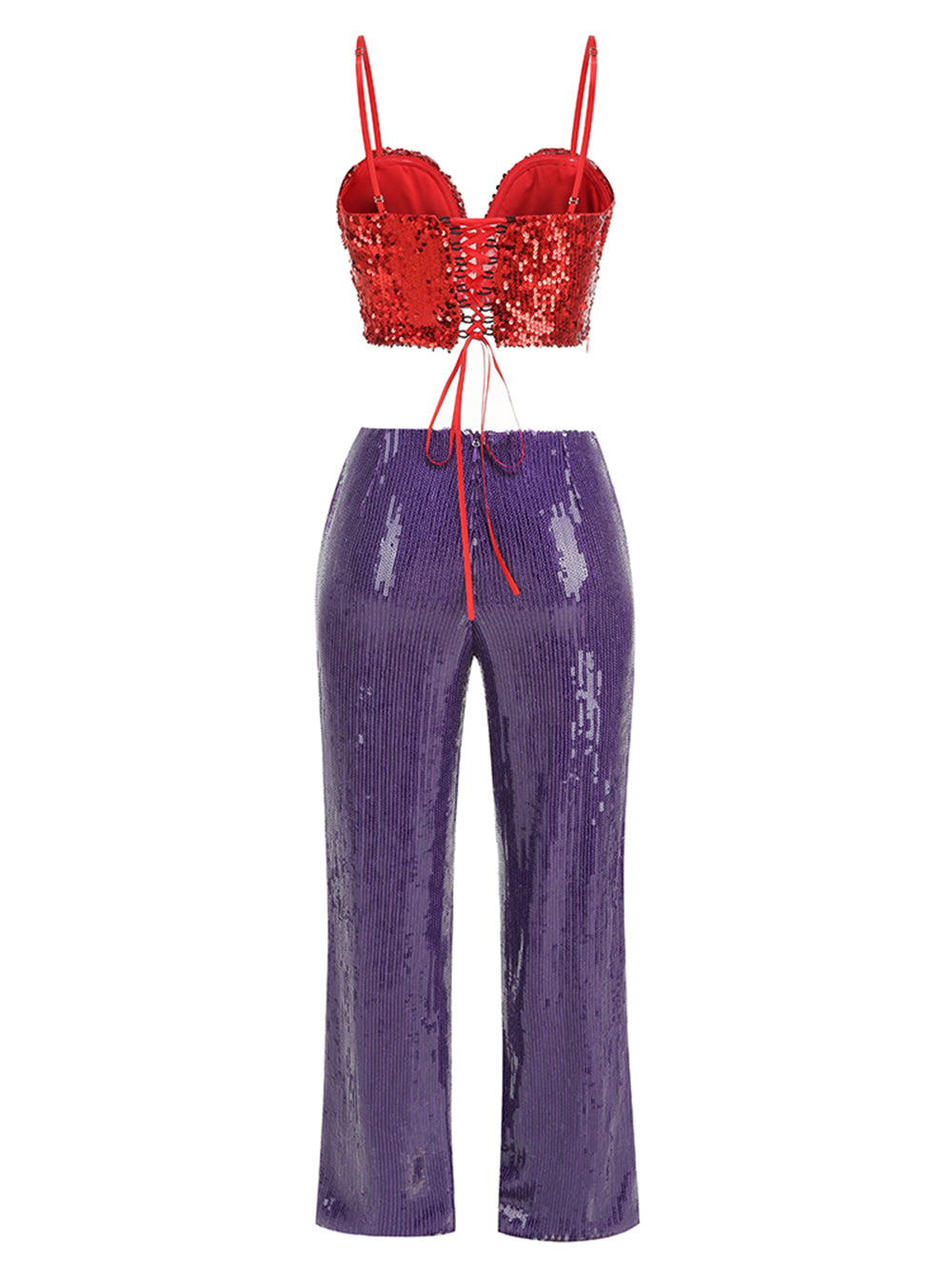 Red 3D Floral Sequins Tank & Purple Straight Leg Pants