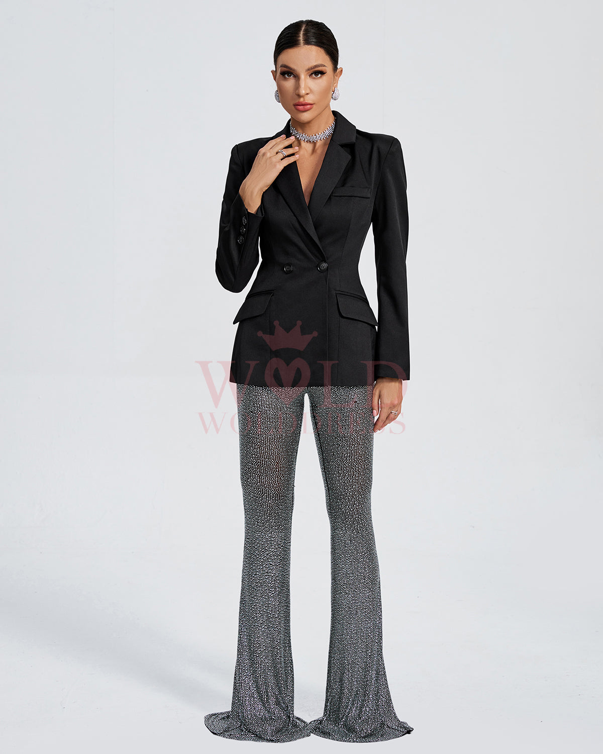 Pure Black Blazer & Rhinestone Pants Set