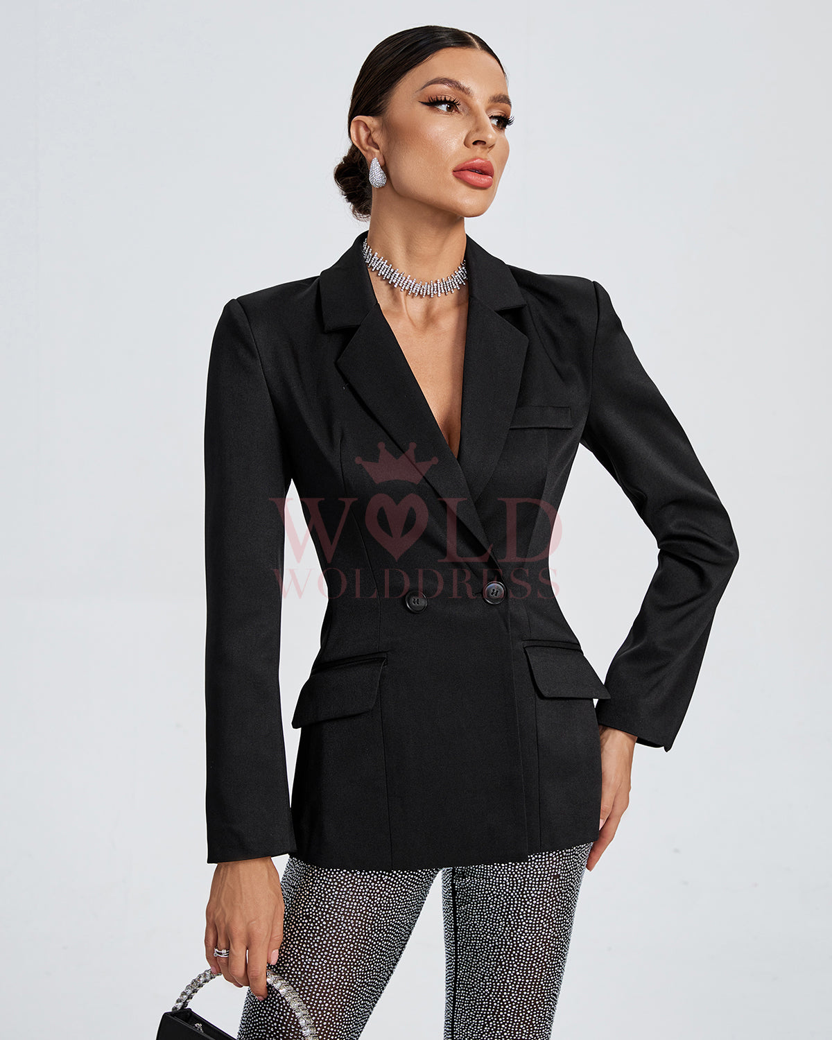 Pure Black Blazer & Rhinestone Pants Set