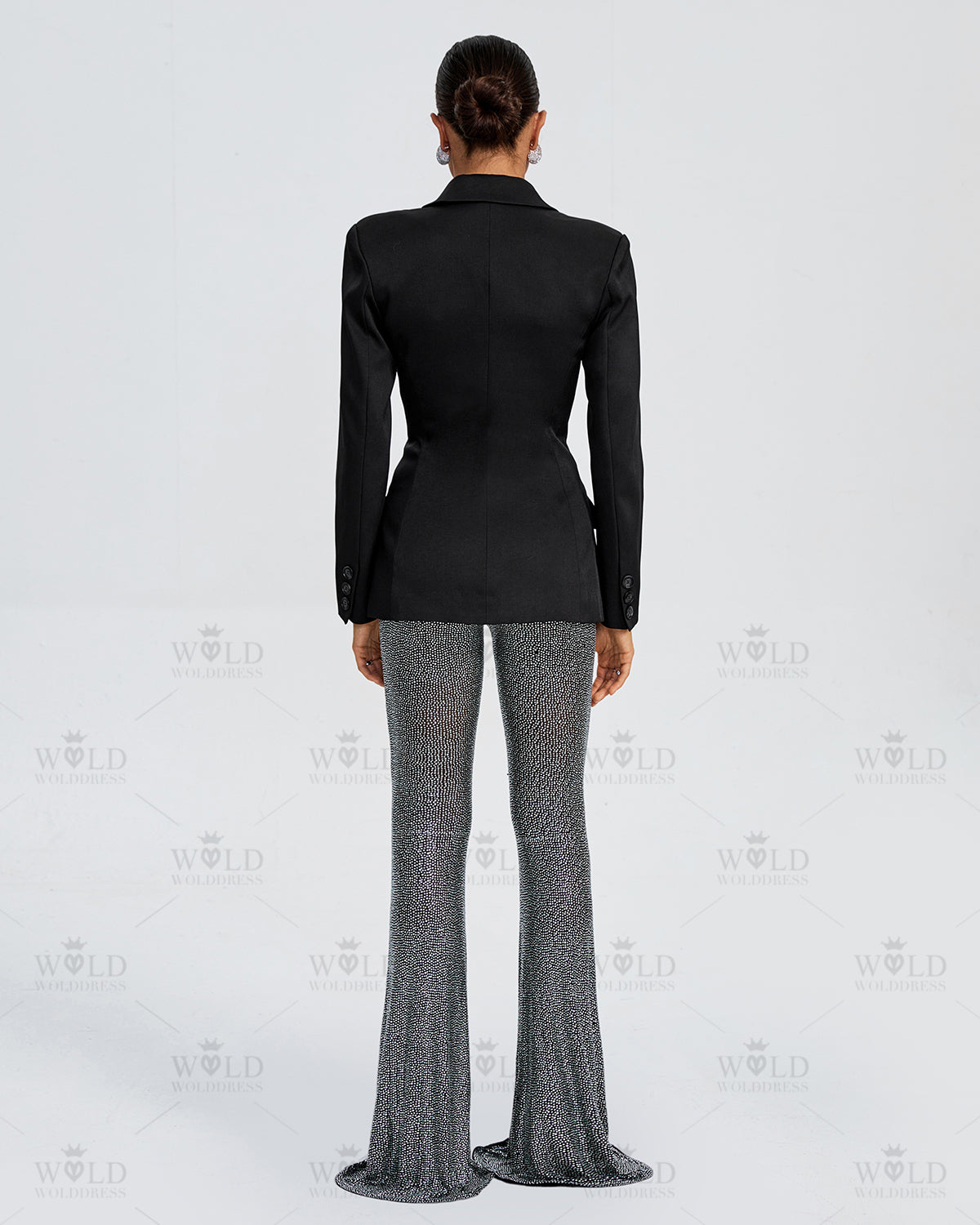 Pure Black Blazer & Rhinestone Pants Set