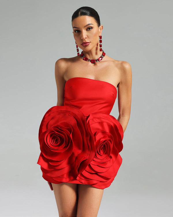 Strapless 3D Flower Mini Satin Dress