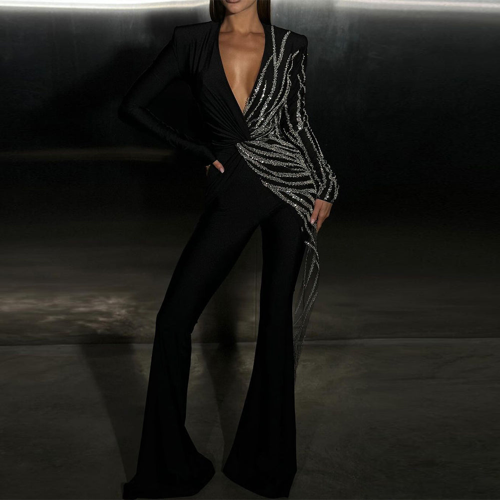 V Neck Long Sleeve Rhinestone Jumpsuit KLYF1105