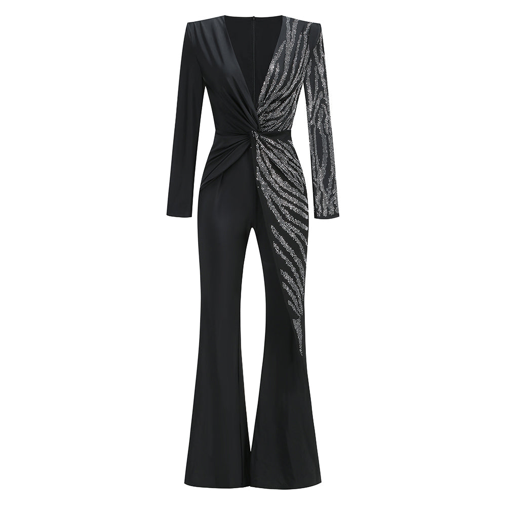 V Neck Long Sleeve Rhinestone Jumpsuit KLYF1105