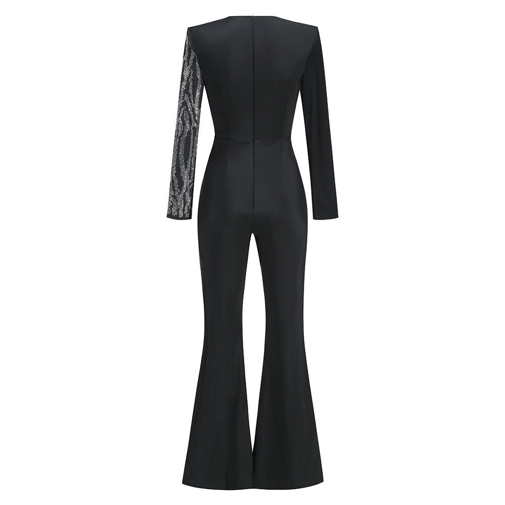 V Neck Long Sleeve Rhinestone Jumpsuit KLYF1105