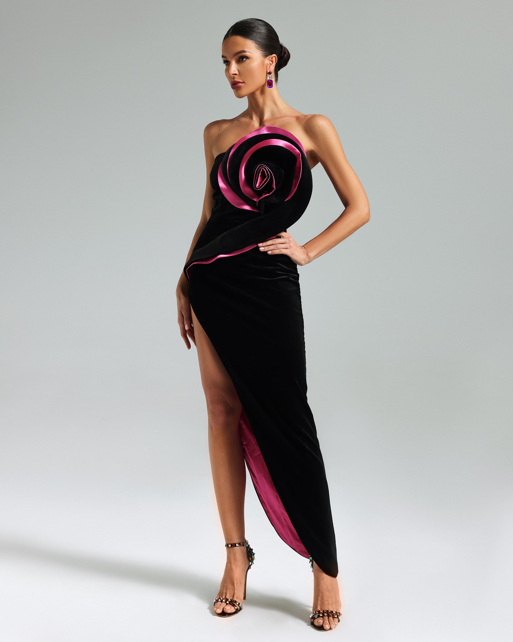 Strapless Velvet Flower Slit Maxi Dress