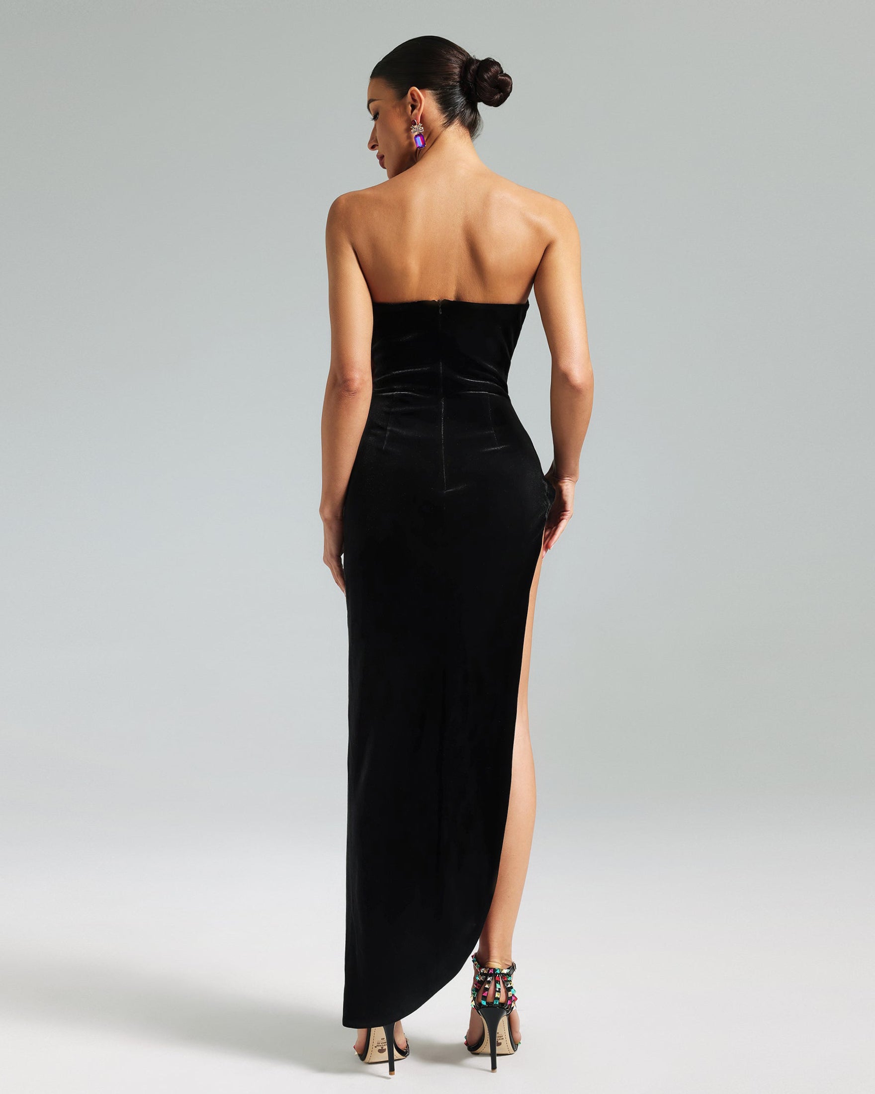 Strapless Velvet Flower Slit Maxi Dress