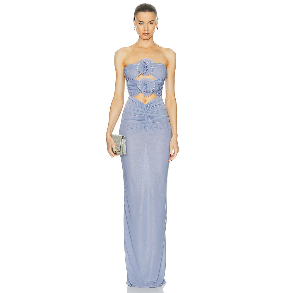 Blue Rose Ruched Floor-Length Dress