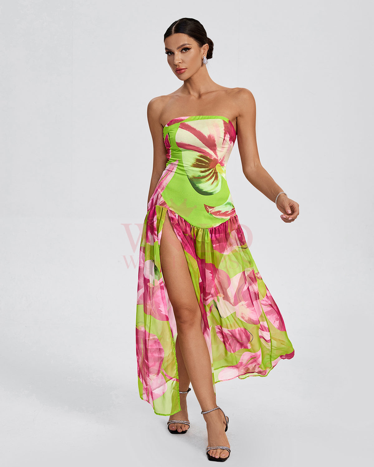 High Split Strapless Long Pucker Dress