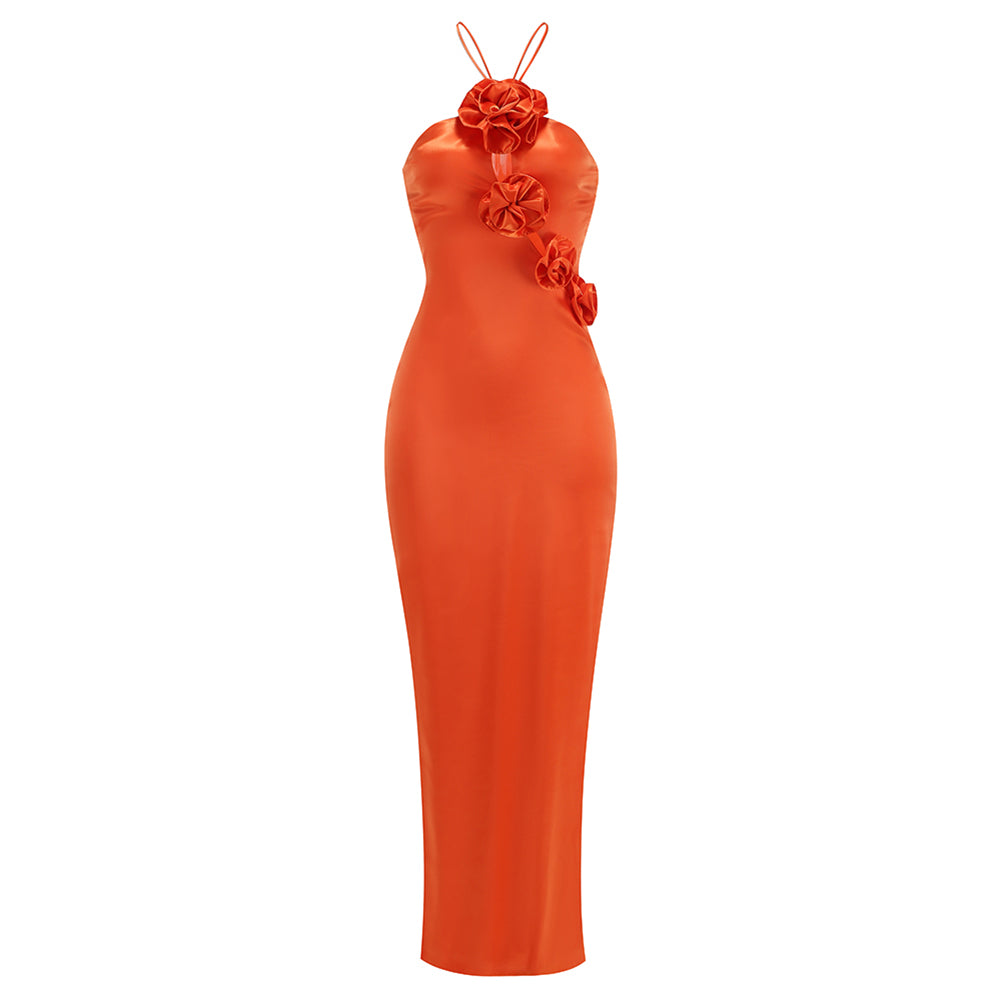 Orange Floral Halter Dress Hollow Out