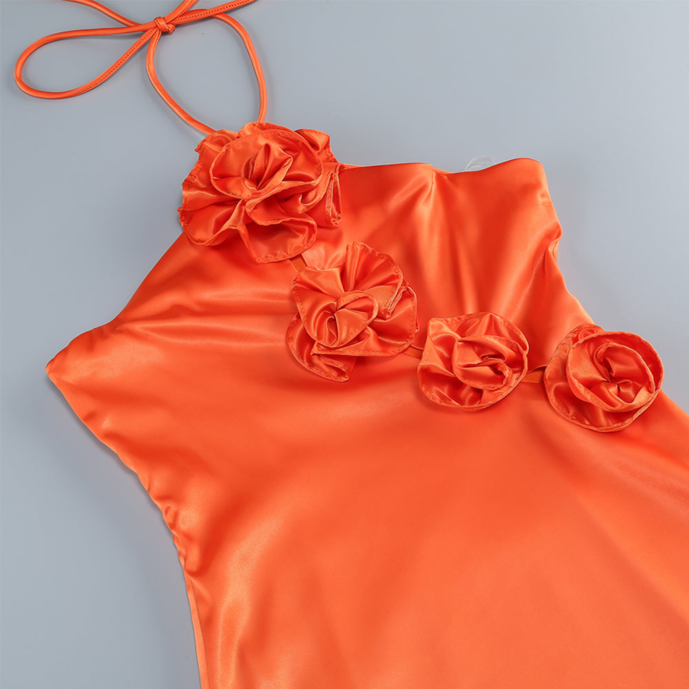 Orange Floral Halter Dress Hollow Out