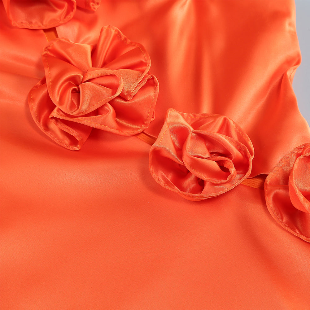 Orange Floral Halter Dress Hollow Out