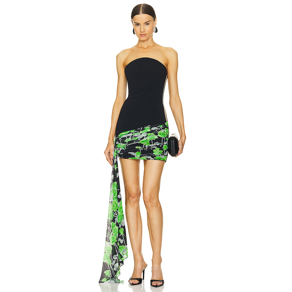 Black Green Floral Tulle Bustier Dress