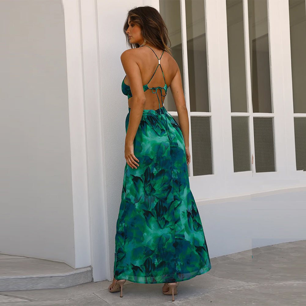 Green Dress Floral Print Vacation Style