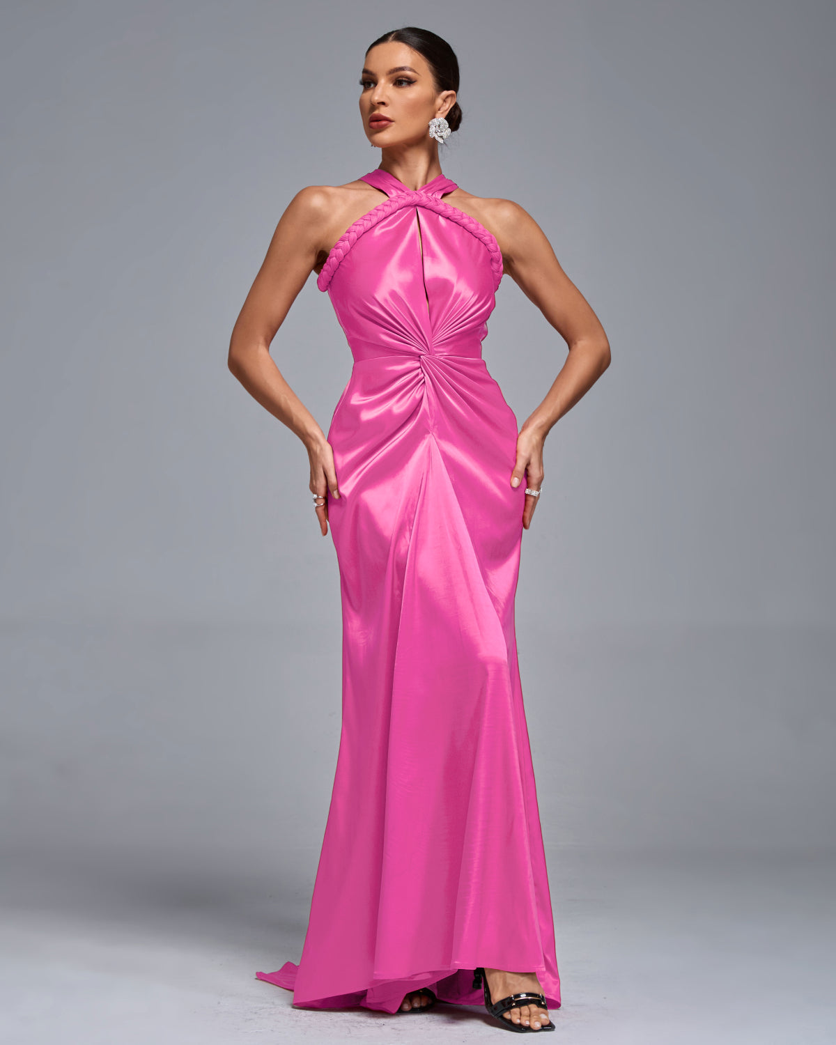 Halterneck Satin Braided Draped Evening Gown