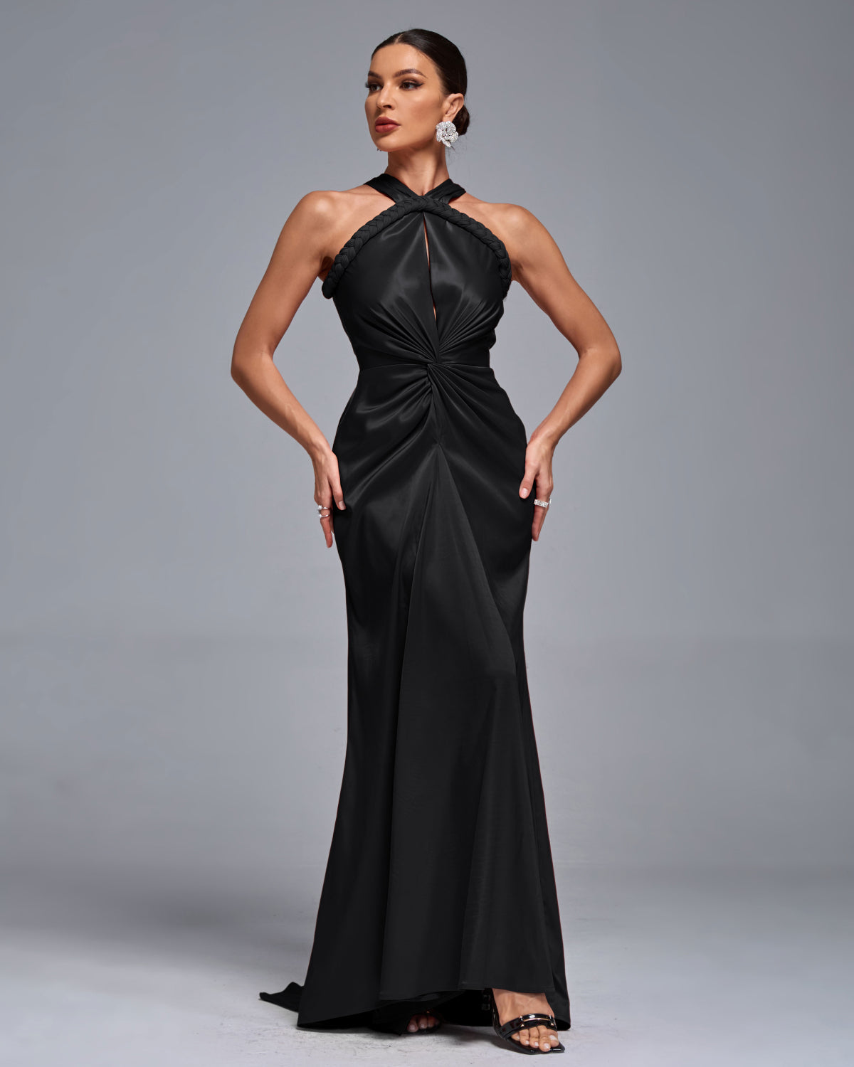 Halterneck Satin Braided Draped Evening Gown