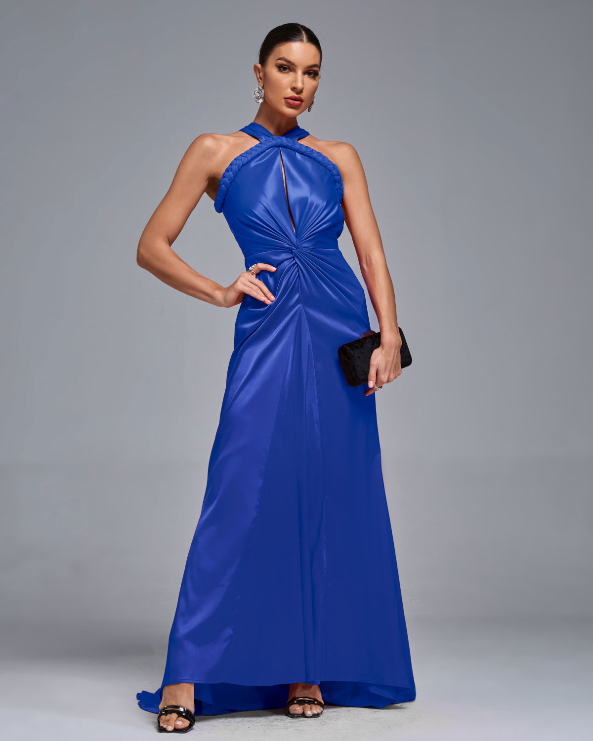 Halterneck Satin Braided Draped Evening Gown