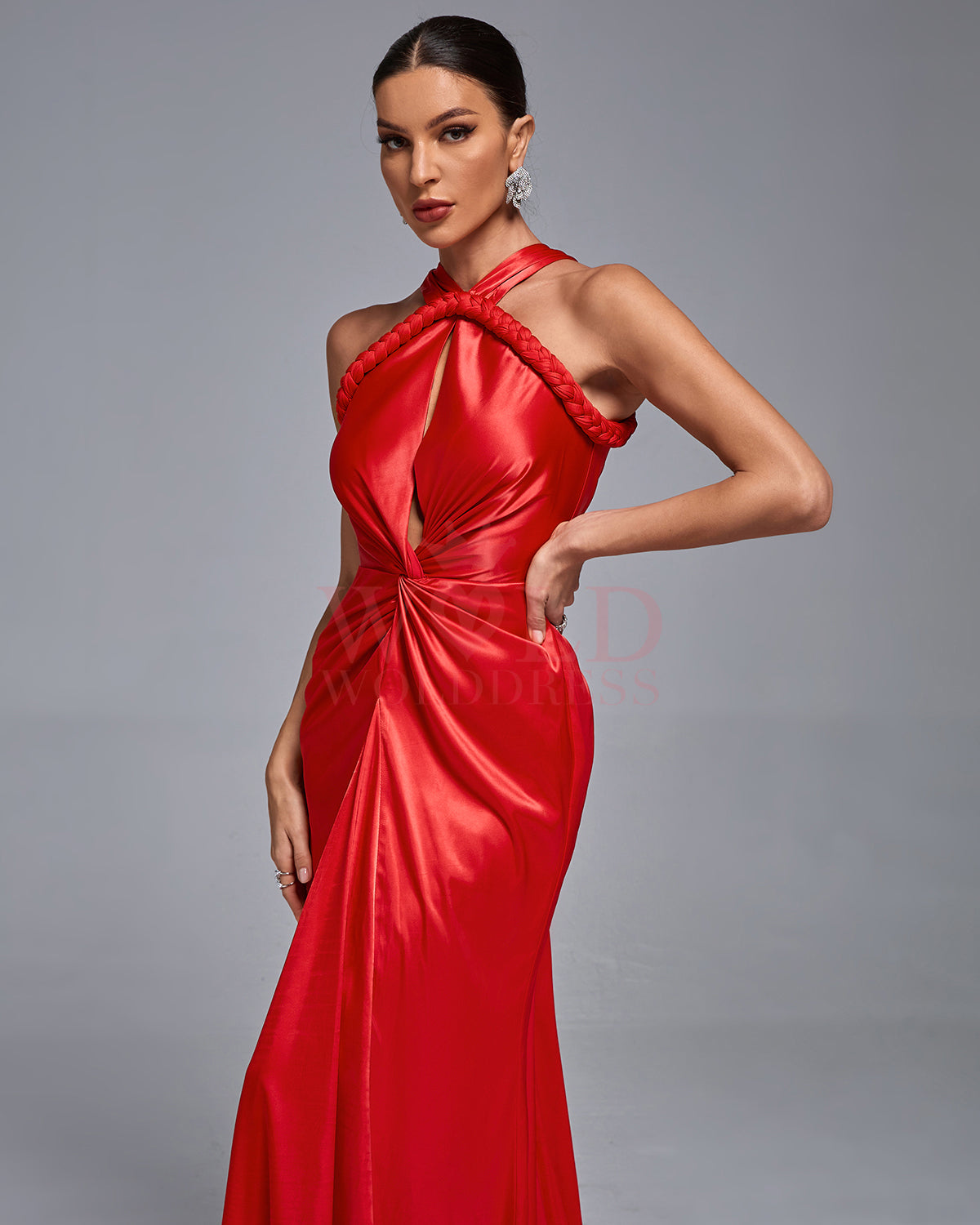 Halterneck Satin Braided Draped Evening Gown