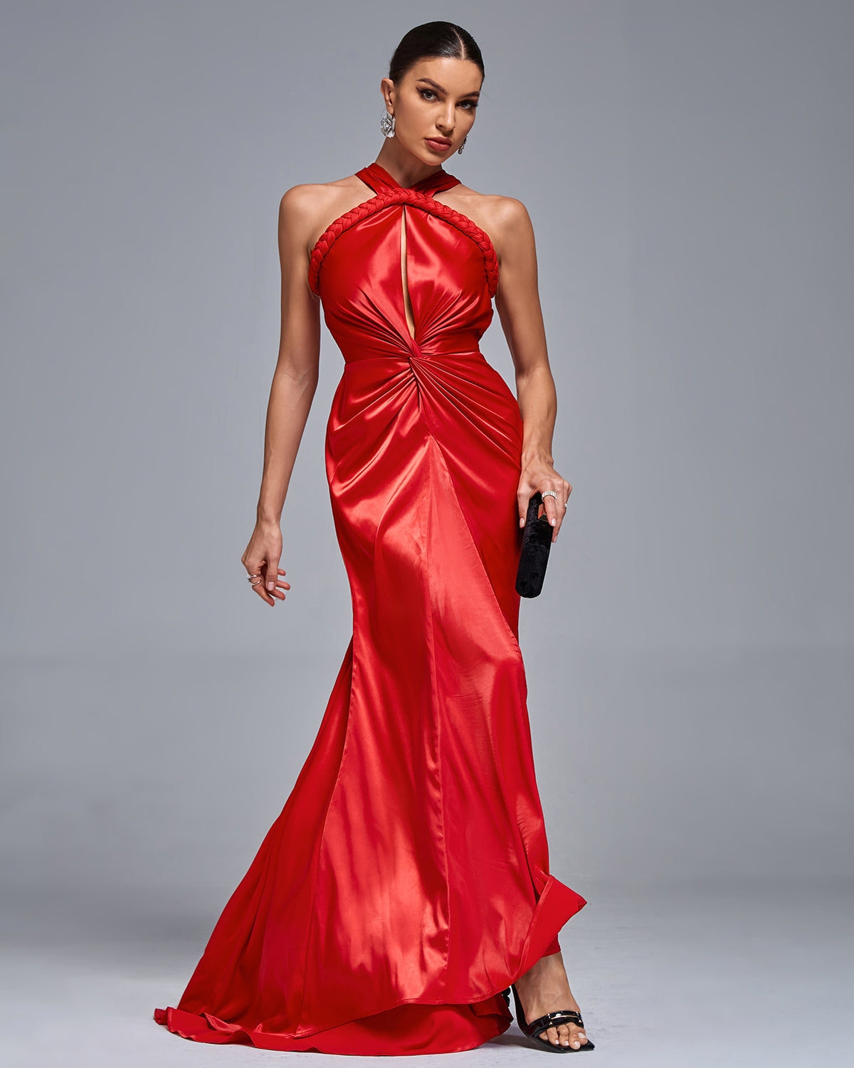 Halterneck Satin Braided Draped Evening Gown