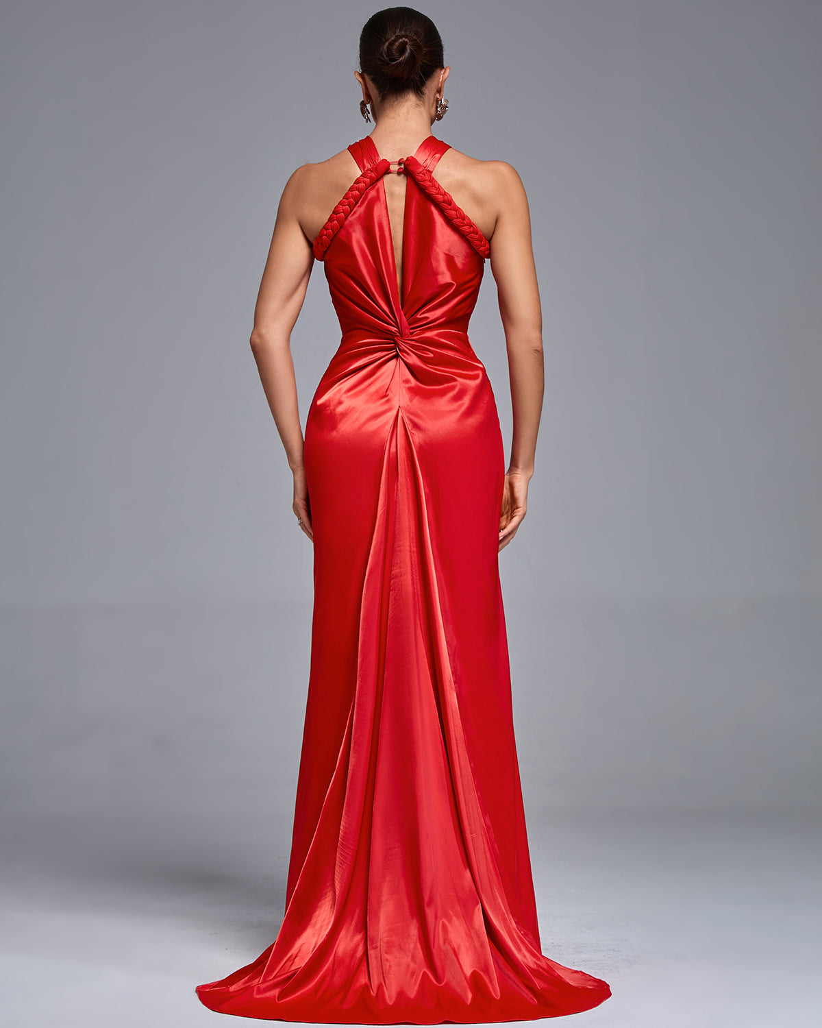 Halterneck Satin Braided Draped Evening Gown