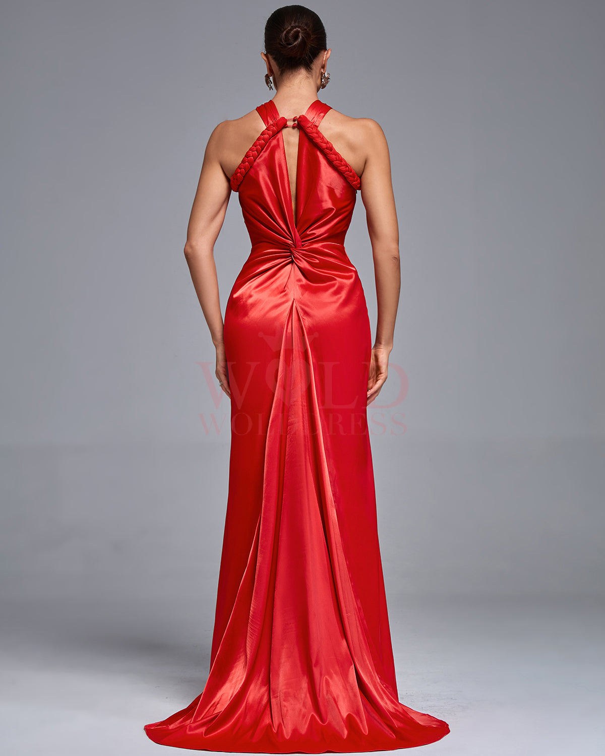 Halterneck Satin Braided Draped Evening Gown