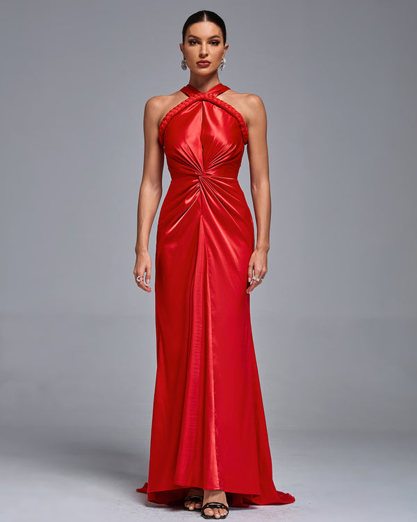 Halterneck Satin Braided Draped Evening Gown