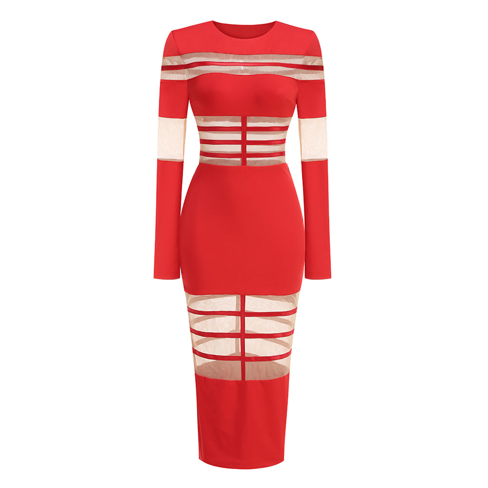 Round Neck Long Sleeve Mesh Splicing Midi Dress KLYF1236