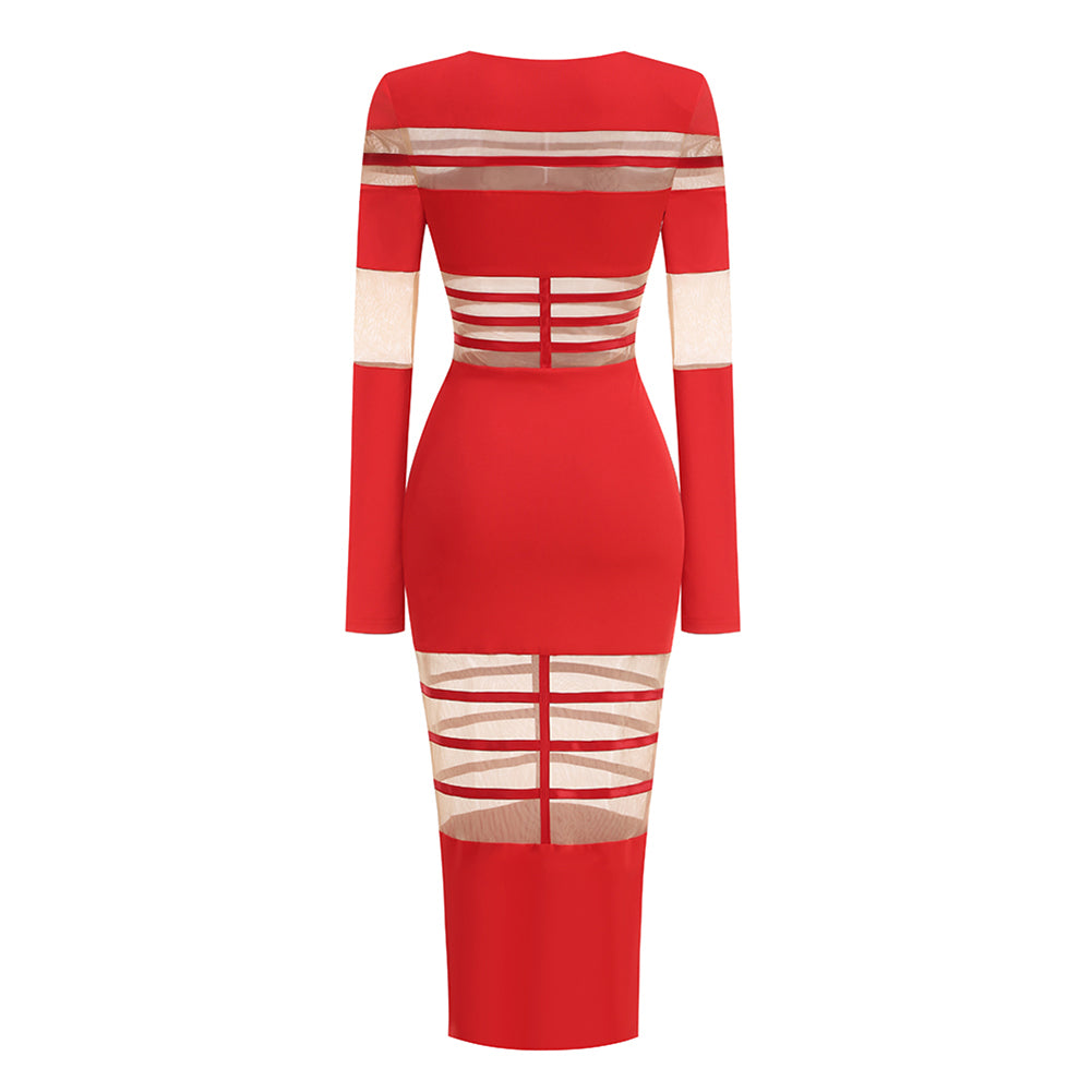 Round Neck Long Sleeve Mesh Splicing Midi Dress KLYF1236