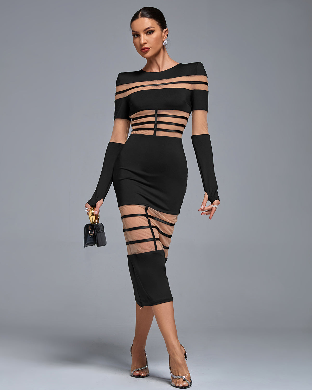 Round Neck See-through Mesh Midi Dress