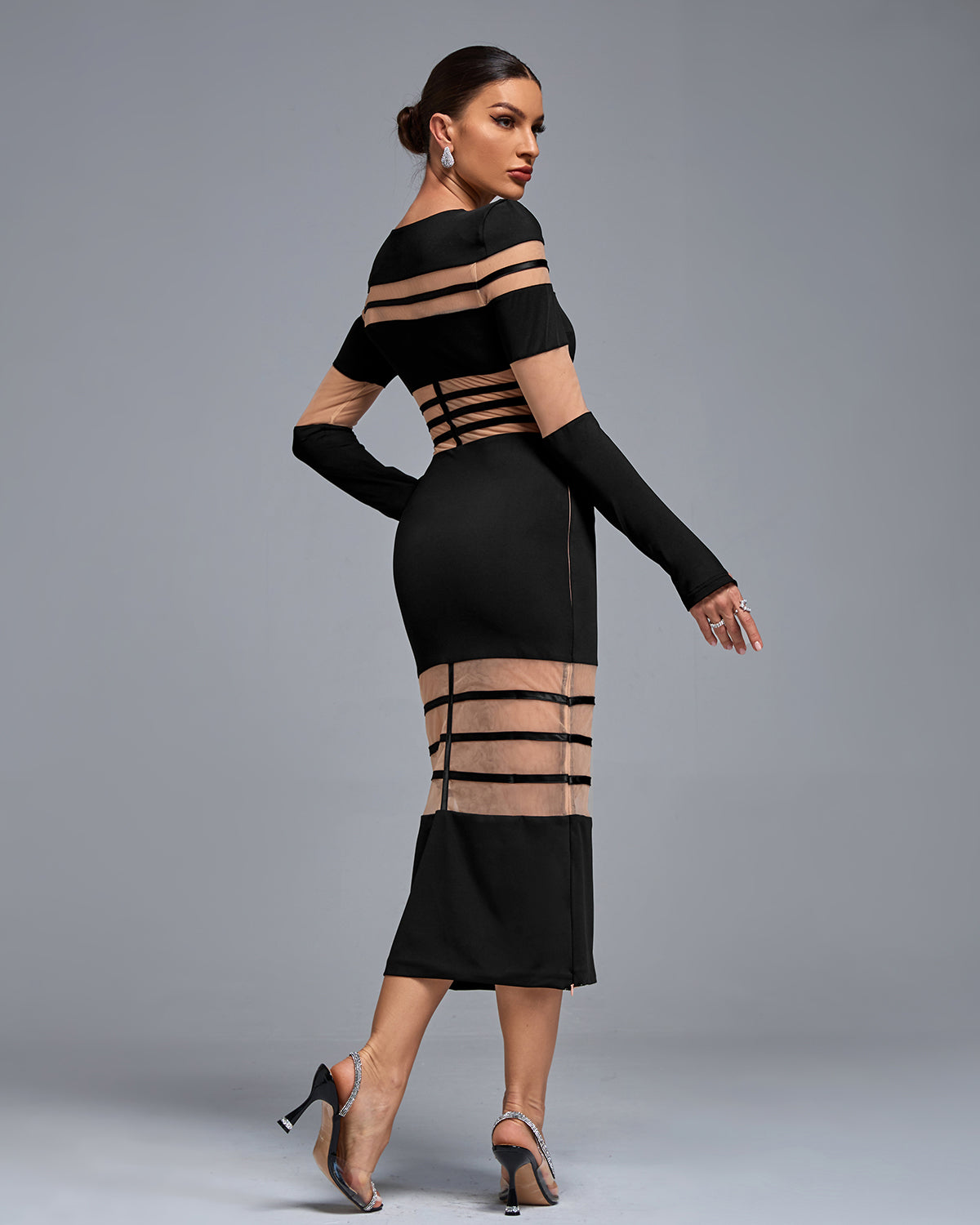 Round Neck See-through Mesh Midi Dress