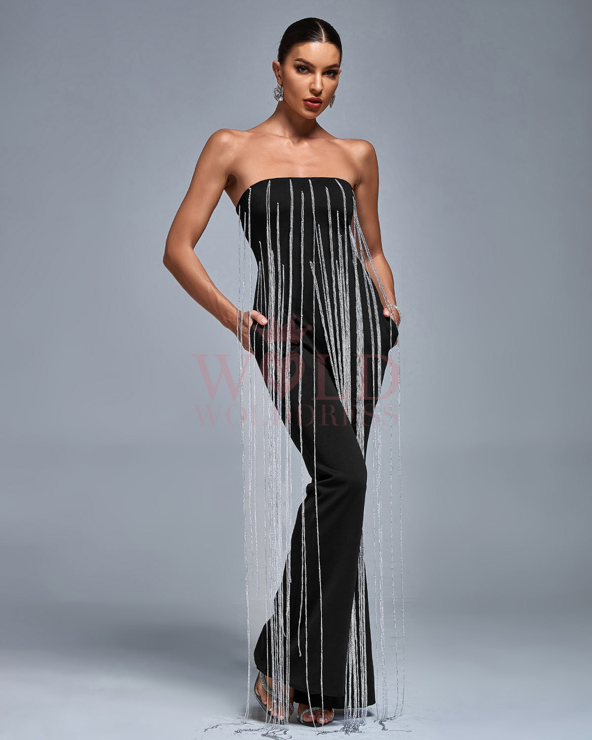 Silver Chain Cascade Strapless Jumpsuit