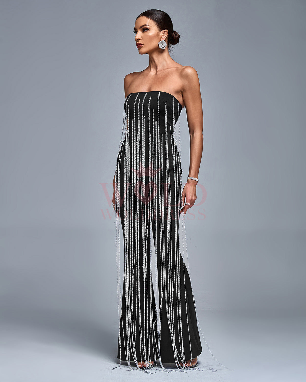 Silver Chain Cascade Strapless Jumpsuit