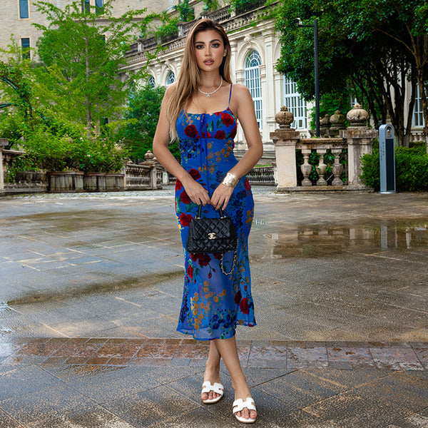 Blue Spaghetti Strap Floral Summer Dress