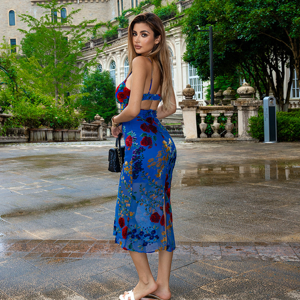 Blue Spaghetti Strap Floral Summer Dress