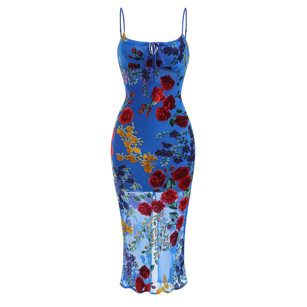 Blue Spaghetti Strap Floral Summer Dress