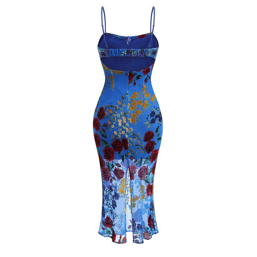 Blue Spaghetti Strap Floral Summer Dress