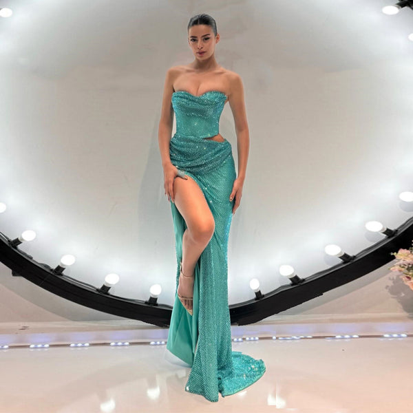 Mint Green Sequins Draped Corset Dress