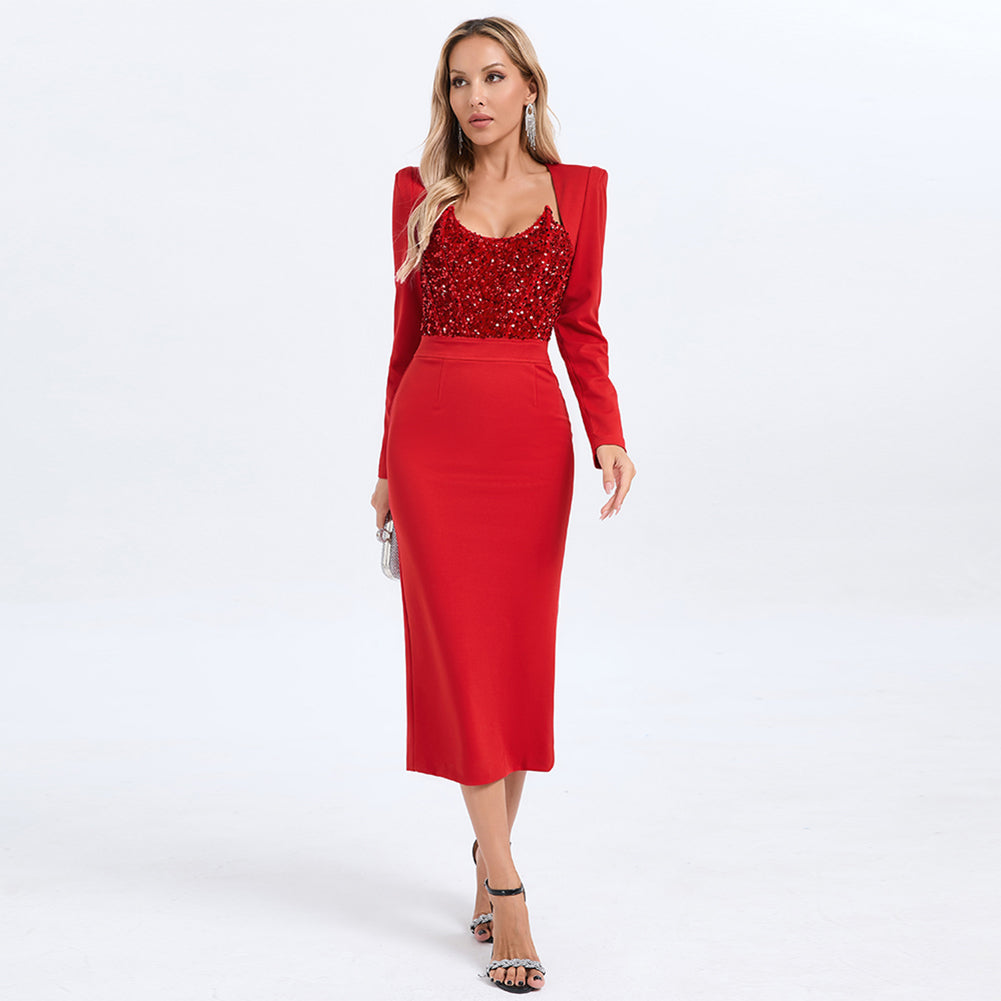 Red Long Sleeve Tailored Sequins Insert Dress Set