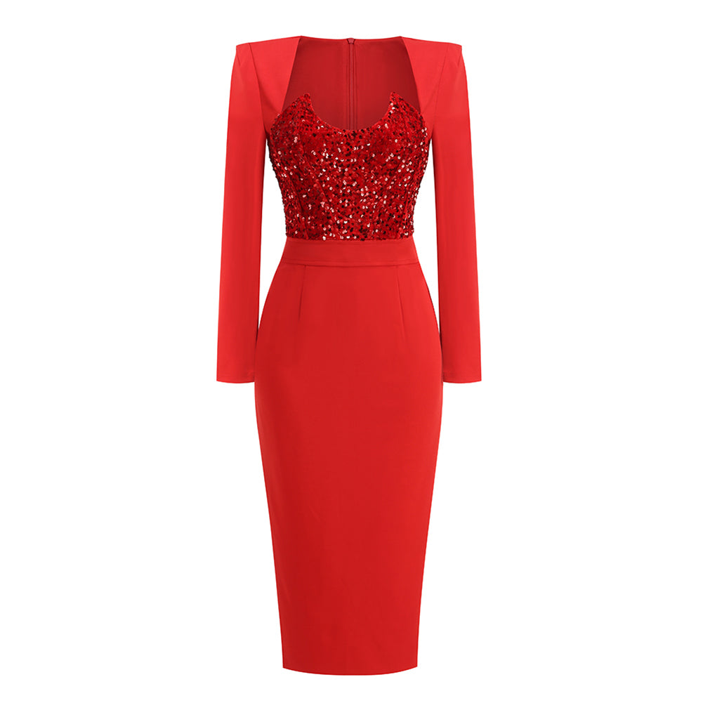 Red Long Sleeve Tailored Sequins Insert Dress Set