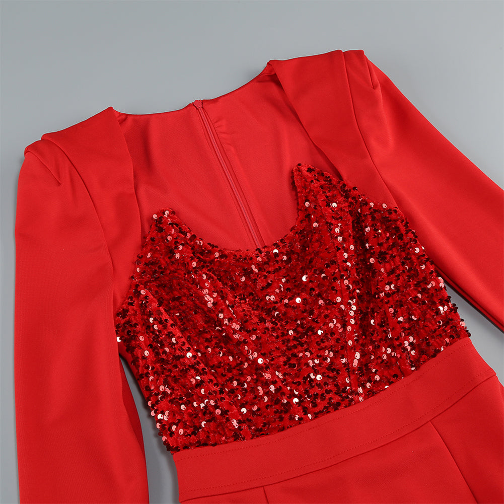 Red Long Sleeve Tailored Sequins Insert Dress Set