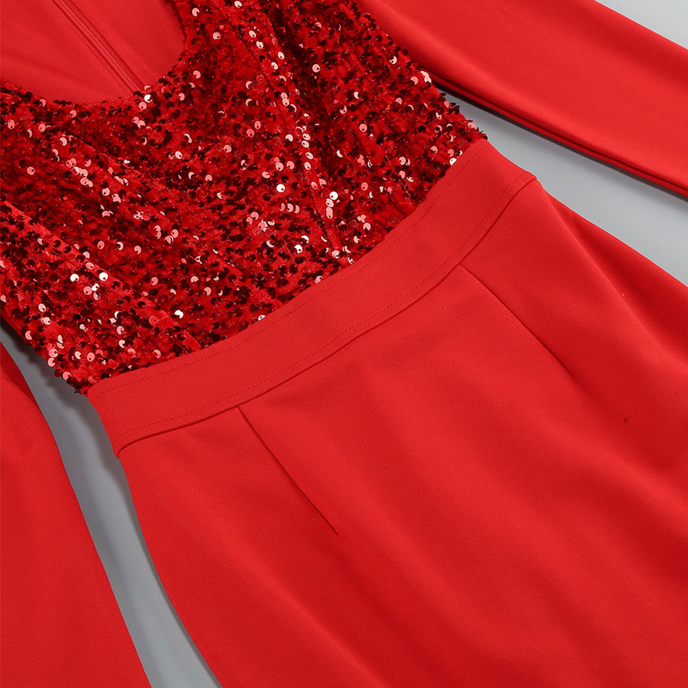 Red Long Sleeve Tailored Sequins Insert Dress Set