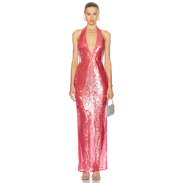 Pink Glitter Sheer Halter Dress