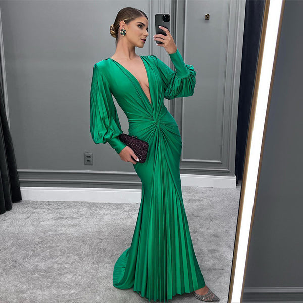 Low Cut Bouffant Ruffle Maxi Dress in Green