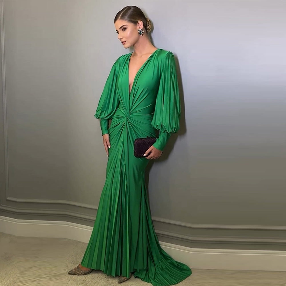 Low Cut Bouffant Ruffle Maxi Dress in Green