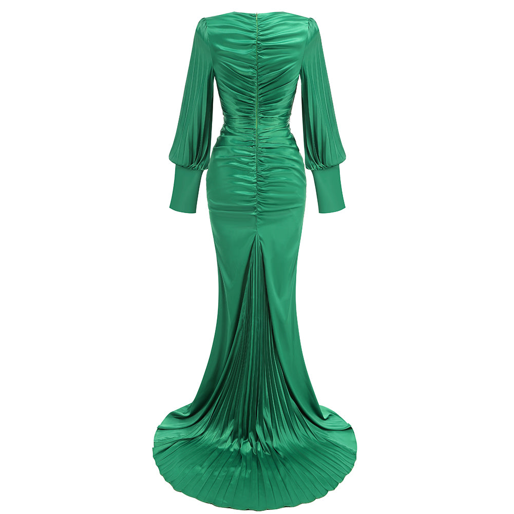 Low Cut Bouffant Ruffle Maxi Dress in Green