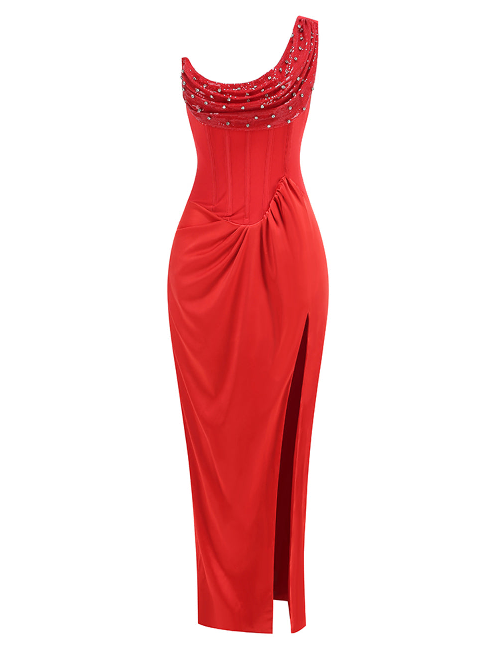 Slit Maxi One Shoulder Dress in Red