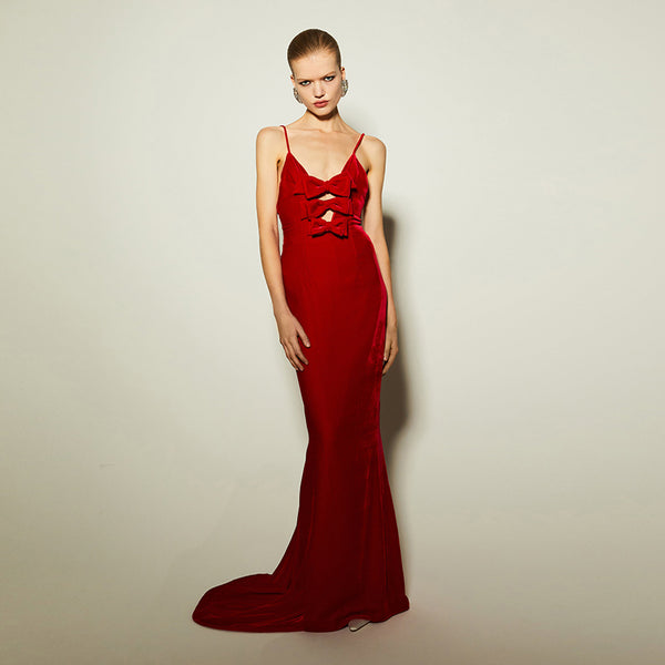 Red Strappy Velvet Evening Gown