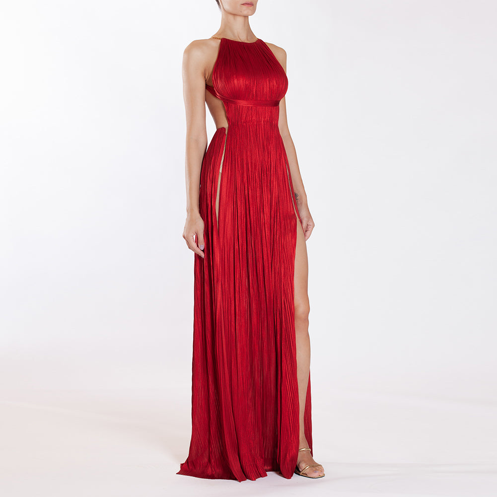 Red Pleated Maxi Dress