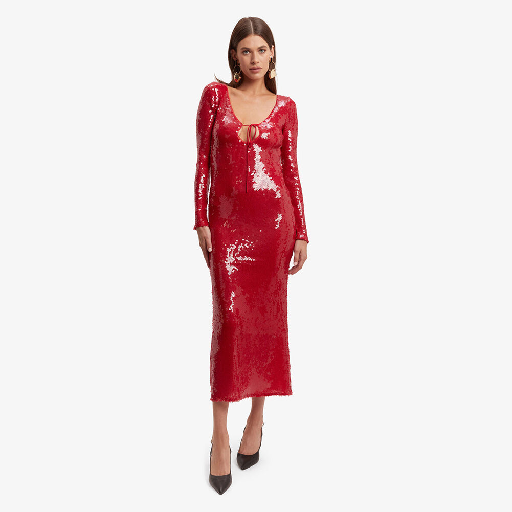 Red Plunging Neckline Sequin Dress